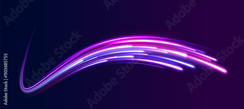  Light arc in neon colors, in the form of a turn.  Creative vector illustration of flying cosmic meteor, planetoid, comet, fireball isolated on transparent background. Effect, png, wave,neon,line.
