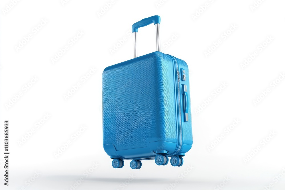 Blue suitcase floating on white background symbolizing travel and vacation Blue suitcase floating on white background symbolizing travel and vacation