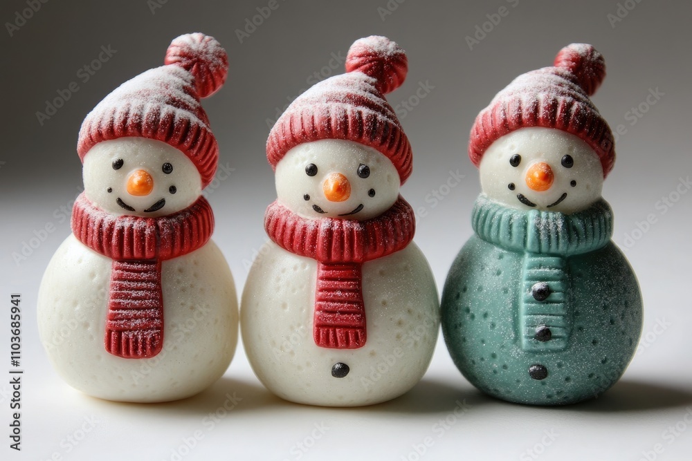 Three smiling snowmen wearing knitted hats and scarves are celebrating christmas