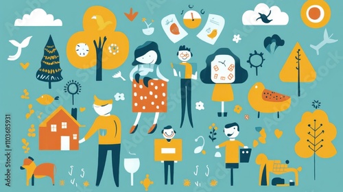 Wallpaper Mural A Happy Community Illustration: Colorful Characters in a Vibrant, Whimsical Setting Torontodigital.ca