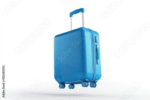 Blue suitcase floating on white background symbolizing travel and vacation