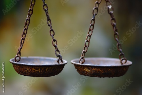 Rusty weighing scale hanging with empty trays and chains photo