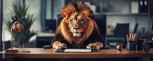 A portly lion at an office desk, showcasing the drawbacks of a desk-bound job.