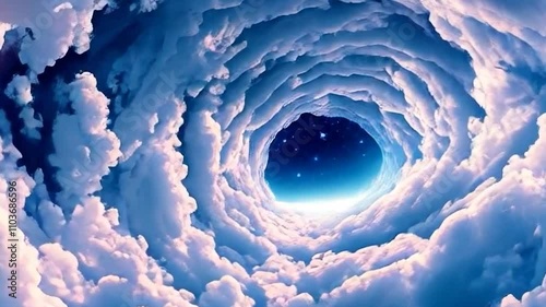 anime cartoon style swirling vortex of fluffy clouds in blue pink tones sky surreal abstract concept smooth 4k video motion footage