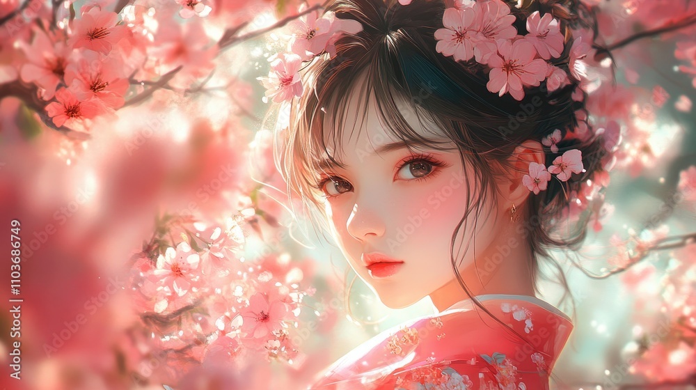 Young woman in a traditional kimono surrounded by lush cherry blossom trees, highlighting her serene expression and the vibrant pink flowers in full bloom. Young woman in a traditional kimono surrounded by lush cherry blossom trees, highlighting her serene expression and the vibrant pink flowers in full bloom.
