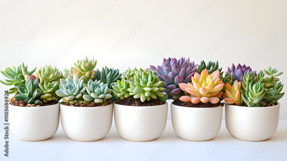 A vibrant collection of succulents in various colors and shades, planted in small, simple white pots. A vibrant collection of succulents in various colors and shades, planted in small, simple white pots.