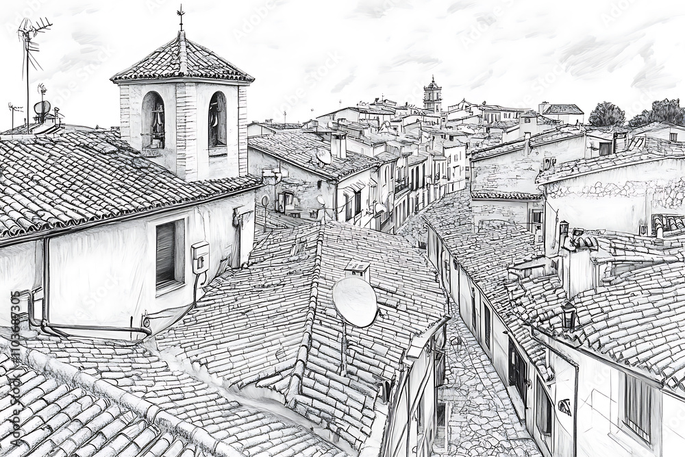 Obraz premium Rooftop Cityscape Sketch: Charming European Village