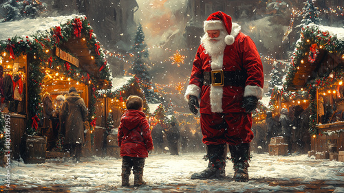 Santa Claus Smiling with Young Child at a Magical Christmas Market