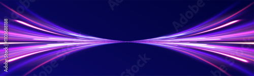 Vector glowing lines air flow effect. Light trail wave, fire path trace line, car lights, optic fiber and incandescence curve twirl. Big data traffic visualization, dynamic high speed, png, effect. 