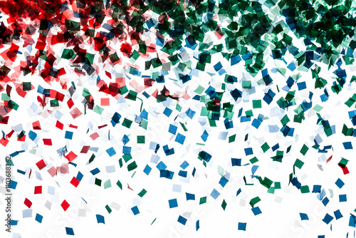 Falling confetti on a transparent background, in red, green, and blue colors. -