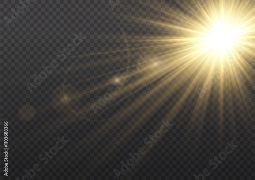 Sun ray glow abstract shine light effect starburst beam sunshine glowing isolated image. Lights flare, star flash light, white sun rays, png. Realistic sun rays. 