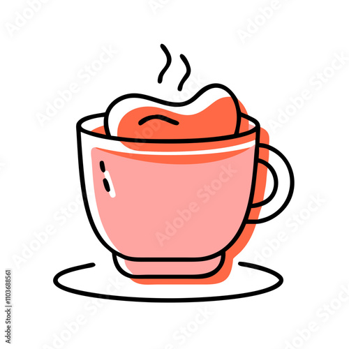 Good icon. Cup of steaming hot drink with marshmallow on orange background