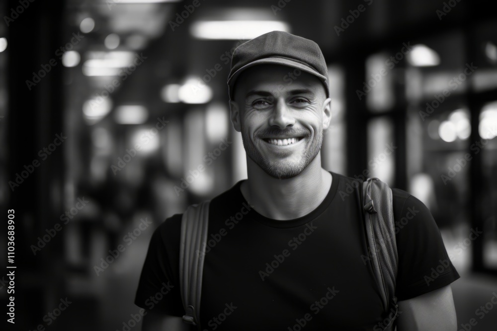 Portrait of a smiling young man in a cap and t-shirt.