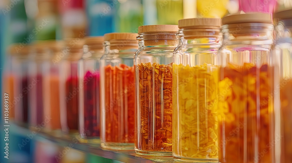 Colorful Dried Ingredients in Glass Jars. A vibrant display of various food ingredients. Colorful Dried Ingredients in Glass Jars. A vibrant display of various food ingredients.