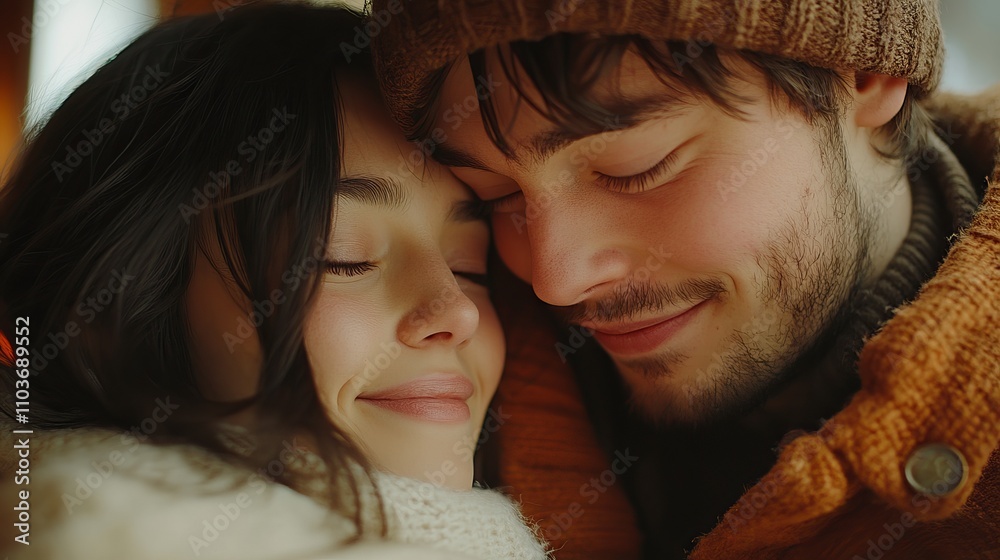 A warm, intimate close-up of a couple enjoying a cozy winter moment, bundled up in soft clothing that exudes love, comfort, and affection in serene harmony. A warm, intimate close-up of a couple enjoying a cozy winter moment, bundled up in soft clothing that exudes love, comfort, and affection in serene harmony.