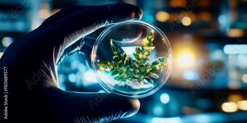 Scientist handling petri dish with cultured cells for plant-based material, futuristic lab atmosphere photo