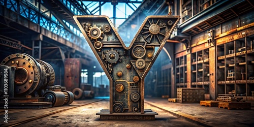 Mechanical Alphabet: An Artistic Representation of the Iron Letter Y in a Conceptual Photography Style Highlighting Industrial Aesthetics and Creative Design Elements photo