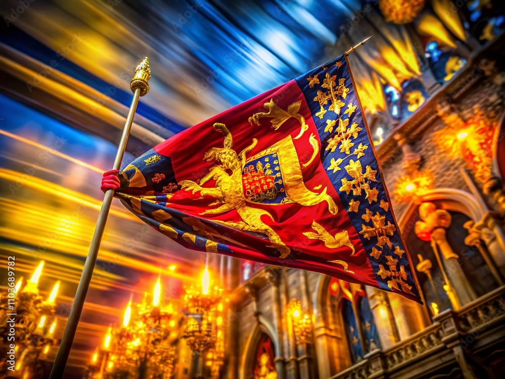 Naklejka premium Medieval Flag Symbol with Long Exposure Effect - Captivating Graphic Design for Historical Themes, Banners, and Cultural Representations