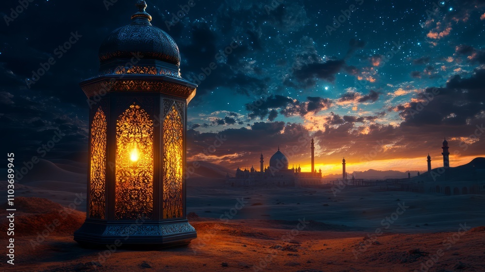 Illuminated lantern in desert at sunset, mosque in background. Illuminated lantern in desert at sunset, mosque in background.