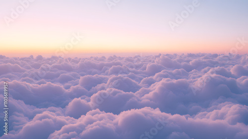 Serene sunset over a boundless expanse of fluffy, pastel-colored clouds. A peaceful, dreamy scene perfect for backgrounds or travel imagery.