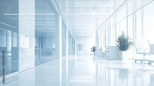 Clean office space with white walls and floors.