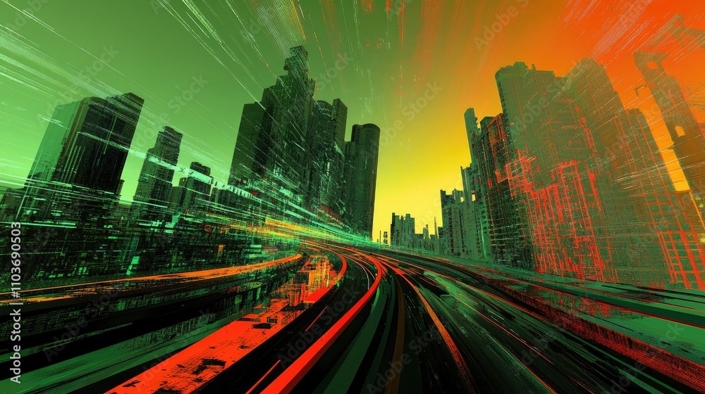 Abstract urban landscape featuring a swirling highway and a warped city skyline, showcasing vibrant green and orange hues for a dynamic artistic expression. Abstract urban landscape featuring a swirling highway and a warped city skyline, showcasing vibrant green and orange hues for a dynamic artistic expression.