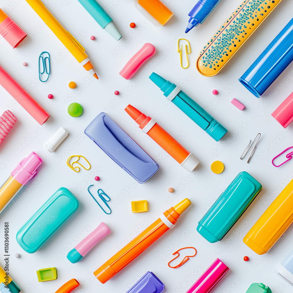 Bright and colorful school supplies neatly arranged on white Bright and colorful school supplies neatly arranged on white