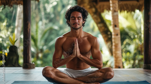 man training yoga in outdoor studio at Bali, meditating, reflecting tranquility and balance, connecting with nature. photo