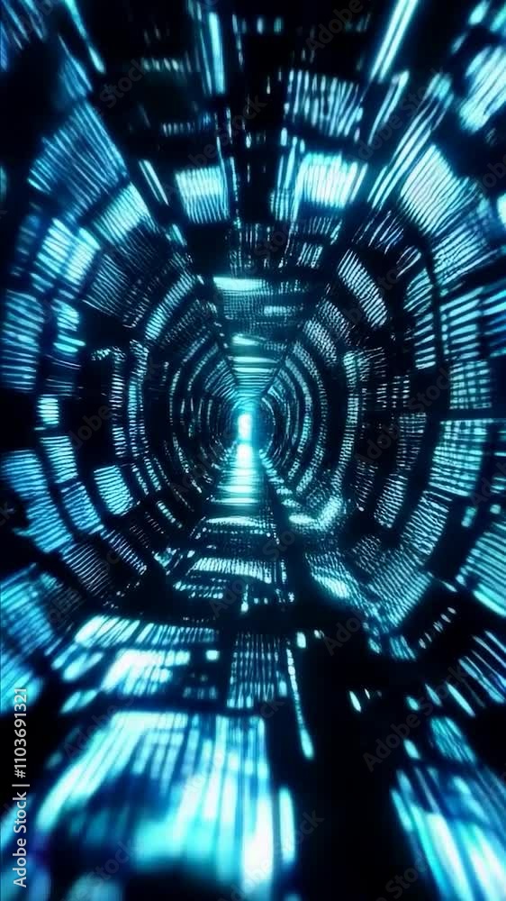blue digital tunnel glowing geometric futuristic patterns sci-fi cybernetic pathway abstract technology innovation vertical format smooth 4k