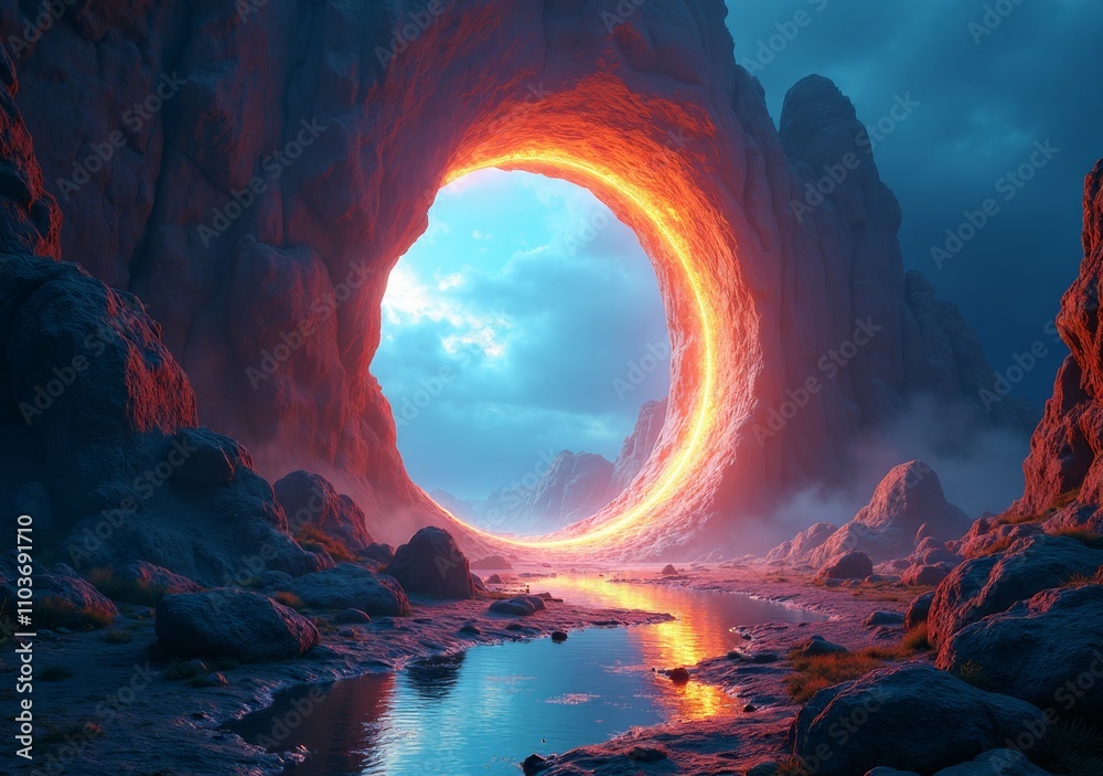 Vibrant glowing portal surrounded by mountains and a serene river at twilight Vibrant glowing portal surrounded by mountains and a serene river at twilight