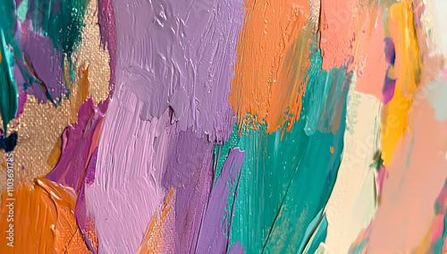 An abstract, colorful painting created with a palette knife. The composition features vibrant shades of orange