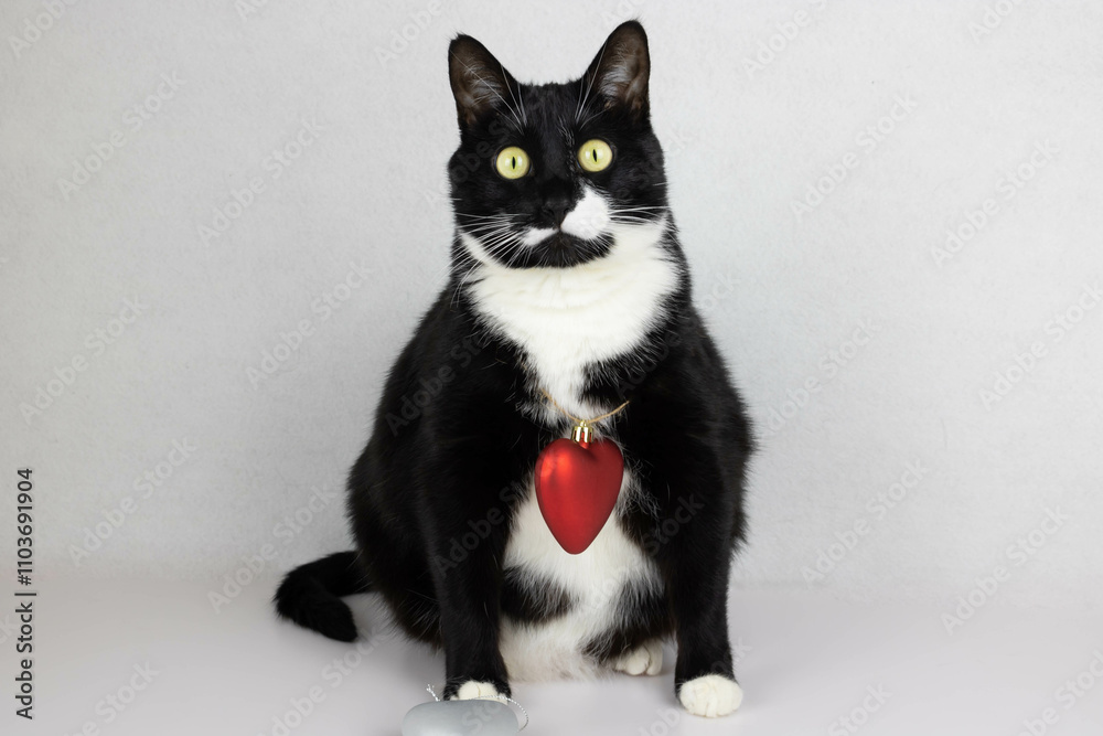 Fototapeta premium A curious black and white cat with a red toy heart around its neck is sitting quietly on the table. The concept of love, Valentine's Day, March 8th