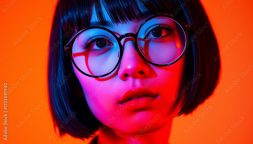 Modern woman with round glasses and short bob hairstyle illuminated by vibrant neon colors