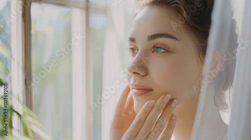 skin care. Beautiful woman touching healthy facial skin portrait. Beautiful smiling Asian girl model with natural makeup, close-up on blue background, touching glowing hydrated skin
