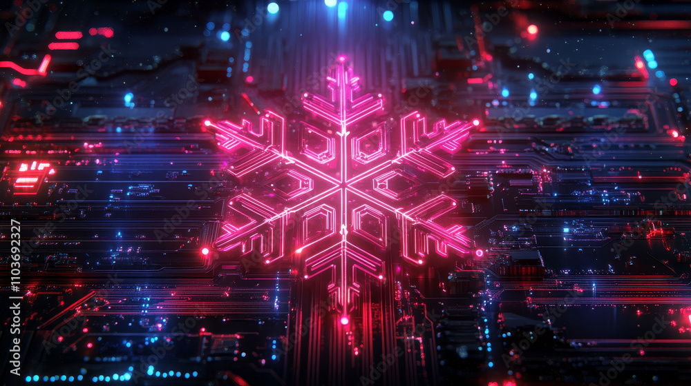 Obraz premium A futuristic snowflake on a printed circuit board, illuminated with neon colors.