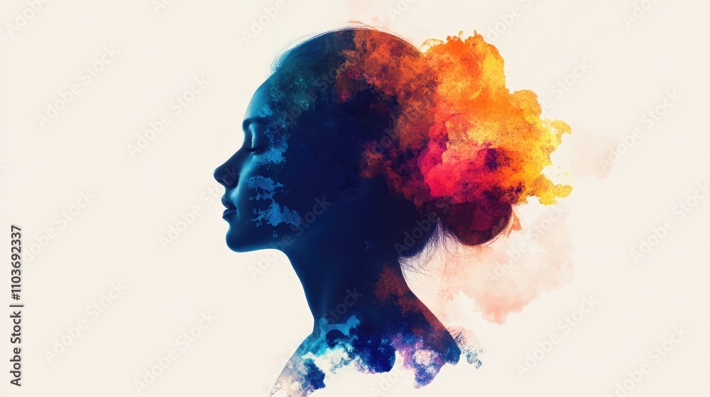 Silhouette of a woman's profile filled with vibrant watercolor swirls representing energy, imagination, transformation, and spiritual connection.