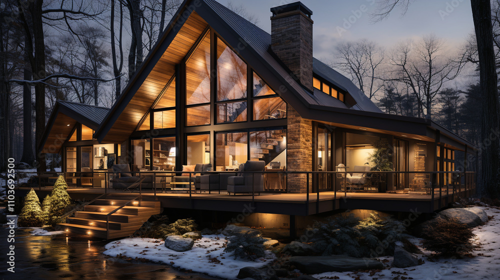 A modern Scandinavian house with a snow-covered roof and a minimalistic winter landscape. A modern Scandinavian house with a snow-covered roof and a minimalistic winter landscape.