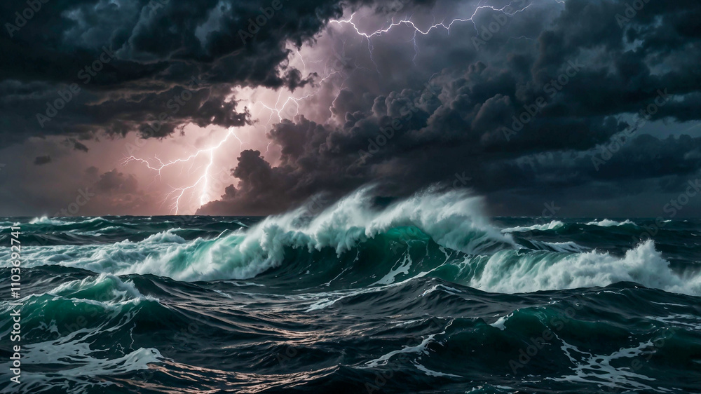 Fototapeta premium Nature's Fury Unleashed, A tempestuous ocean roils beneath a stormy sky