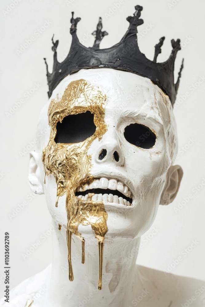 Naklejka premium Abstract Stoic Sculpture Skull with Crown Surreal Artistic Portrait with Liquid Gold Dripping