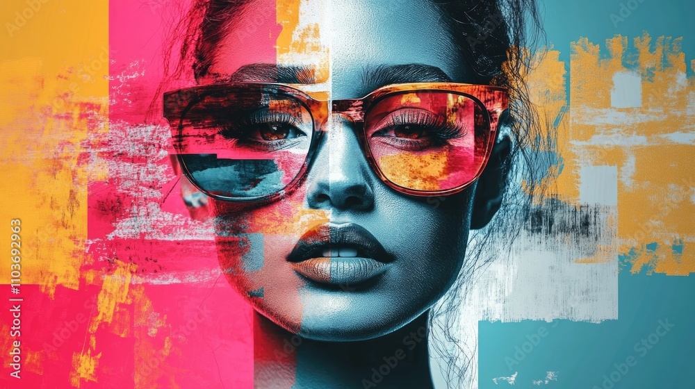 Vibrant modern portrait collage featuring a fashionable woman in colorful sunglasses against a striking abstract background, ideal for promotional materials. Vibrant modern portrait collage featuring a fashionable woman in colorful sunglasses against a striking abstract background, ideal for promotional materials.