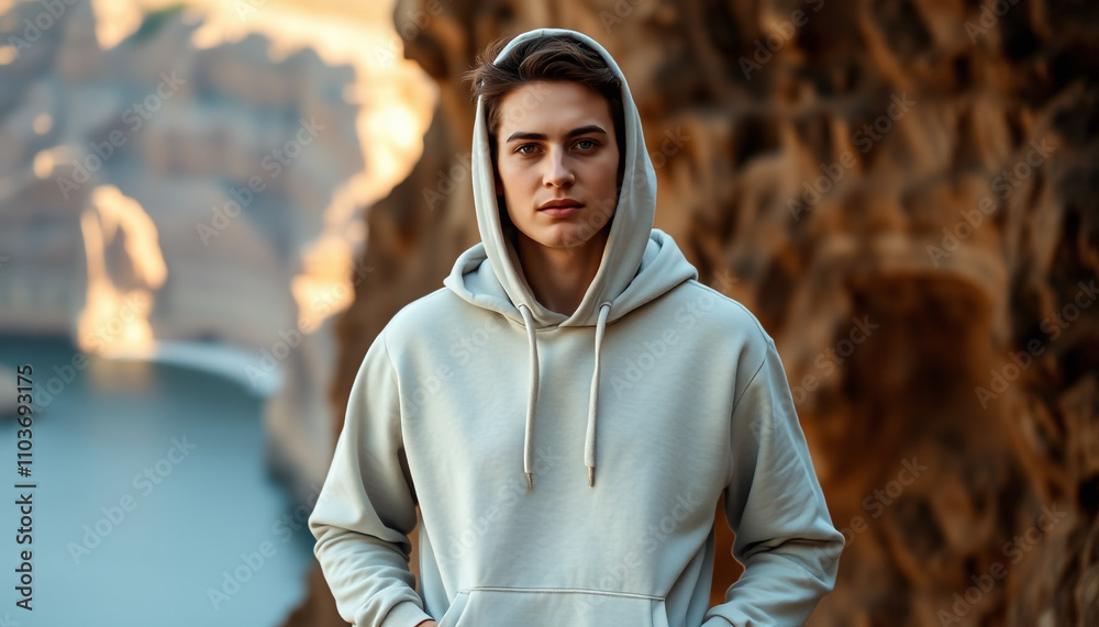 Obraz premium Casual young man wearing a hoodie in a stylish urban outdoor backdrop