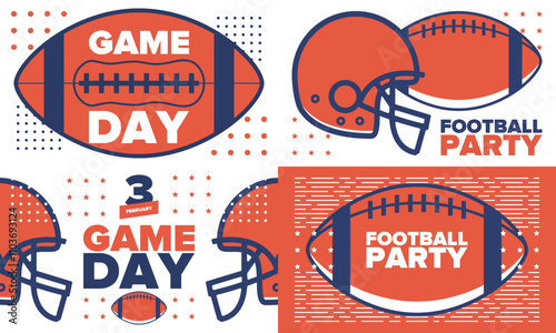 Game Day. American football playoff. Super Party in United States. Final game of regular season. Professional team championship. Ball for american football. Sport poster. Vector illustration