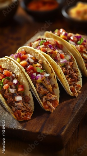 Four mexican street tacos with fish barbacoa and carnitas shot in panoramic composition on top of serving wooden board. Mexican Food photo