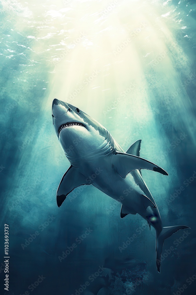 Obraz premium Majestic Great White Shark Gliding Beneath Sunlight in Crystal Clear Ocean Water, Showcasing Powerful Body and Sharp Teeth in Underwater Nature Scene