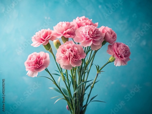 Minimalist Arrangement of Pink Carnations on a Soft Blue Background, Perfect for Floral Design, Home Decor, or Wedding Inspiration with a Touch of Elegance and Simplicity