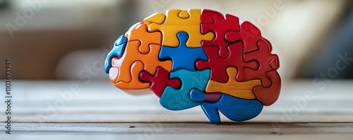 A vivid brain formed from colorful puzzle blocks, with a few pieces misaligned, symbolizing the challenges faced by individuals with dyspraxia photo