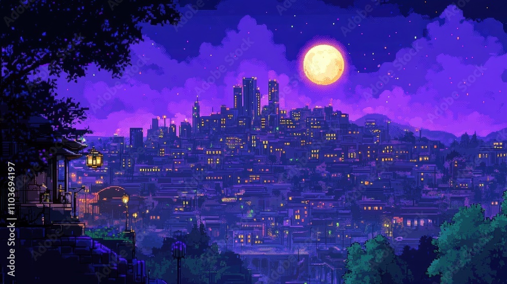 Fototapeta premium Enchanting purple city skyline under a full moon at night, featuring a vibrant synthwave aesthetic with illuminated buildings and a starlit sky.