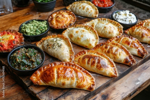 newly made empanadas with various fillings for photo