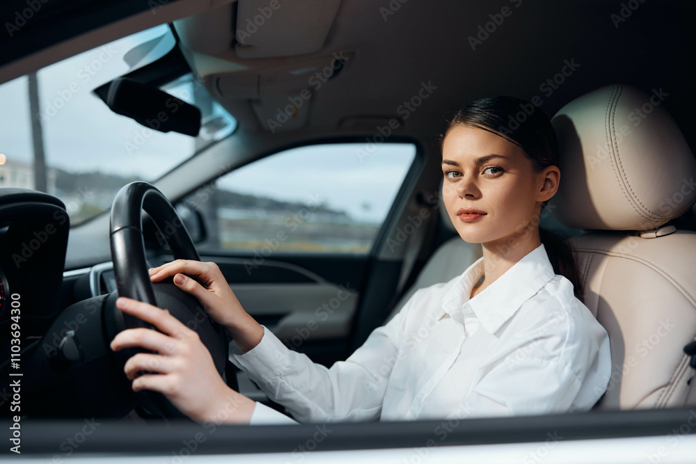 Woman driving car a woman sits in the driver's seat with hands on the steering wheel, looking directly at the camera, conveying focus and confidence in a modern vehicle interior Woman driving car a woman sits in the driver's seat with hands on the steering wheel, looking directly at the camera, conveying focus and confidence in a modern vehicle interior