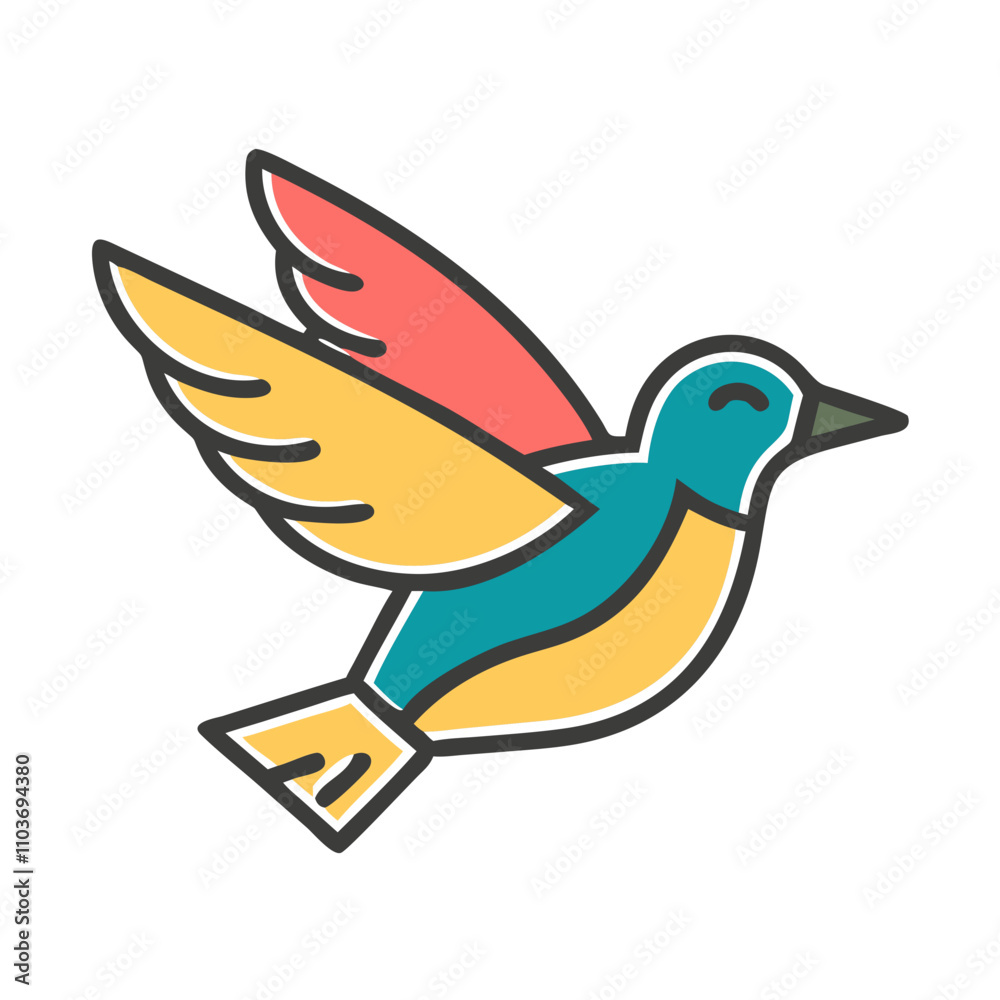 Good icon. Colorful flying bird illustration, cheerful mood, playful design, cartoon style, joyous character, copy space Good icon. Colorful flying bird illustration, cheerful mood, playful design, cartoon style, joyous character, copy space